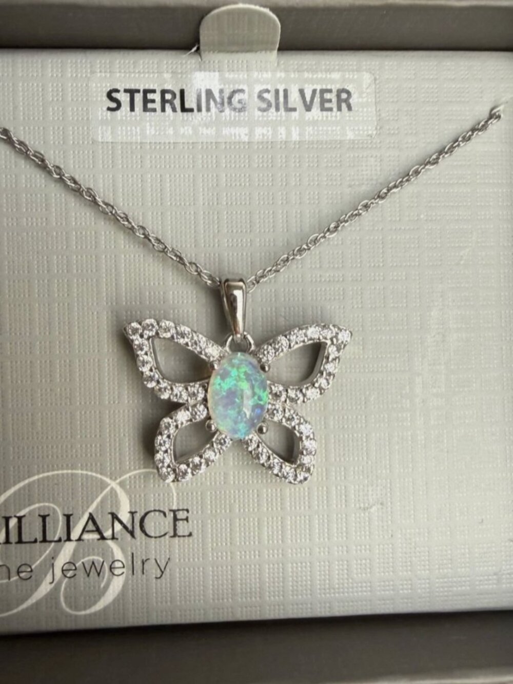 Brilliance Fine Jewelry Sterling Silver Sim Opal Butterfly Pendant 18" Necklace